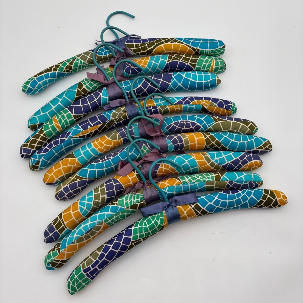 Set of 8 Padded Satin Clothing Hangers Mosaic Stained Glass Print Teal Yellow